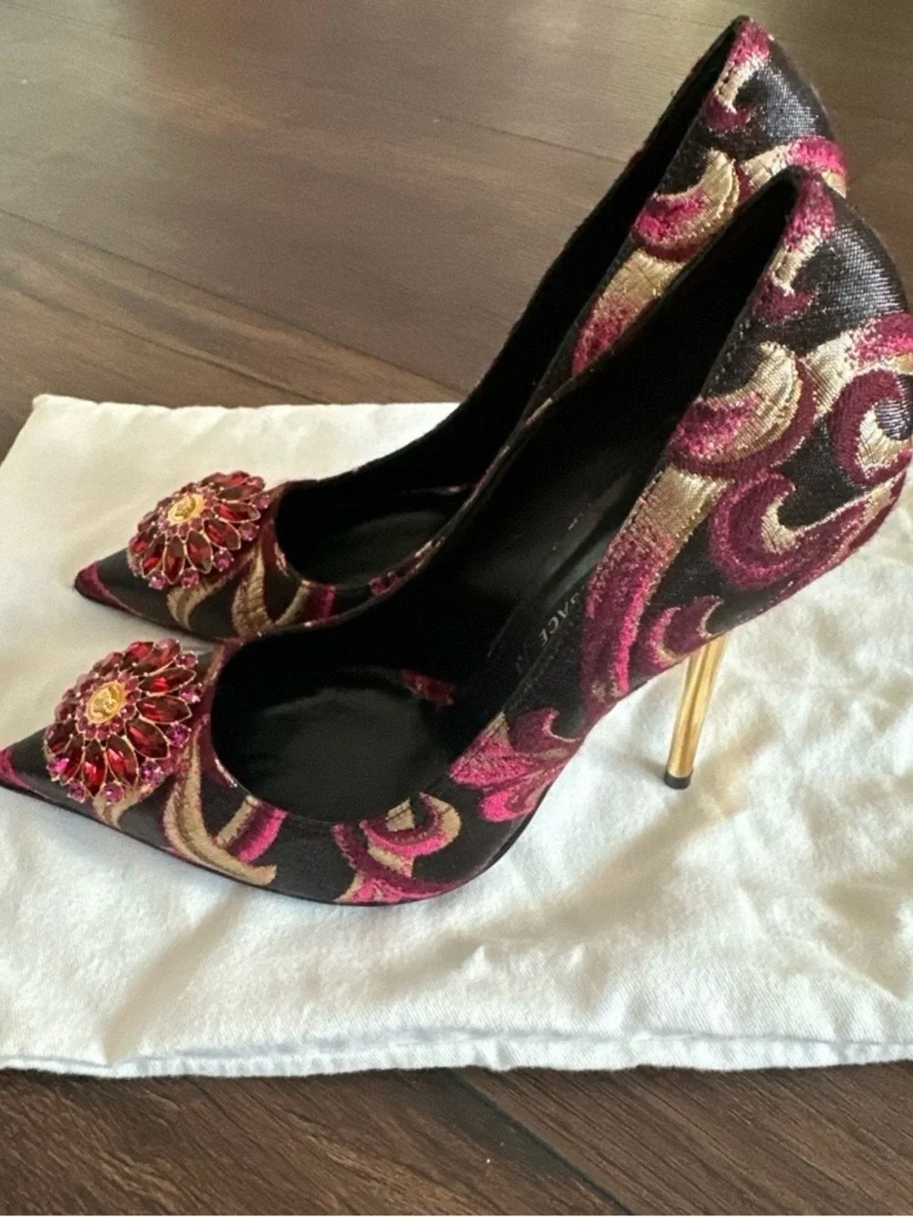 Versace Red, Gold & Black Brocade Pointed-Toe Jewel Pumps